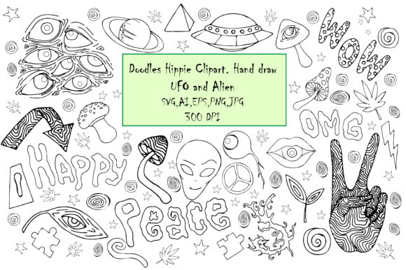 Doodles Hippie.Hand Daraw UFO,Alien SVG for Branding and Graphics